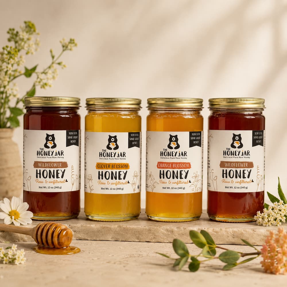12 oz Honey Sample 4-Pack: Clover, Wildflower, Light Wildflower, and Orange Blossom - Raw and Unfiltered