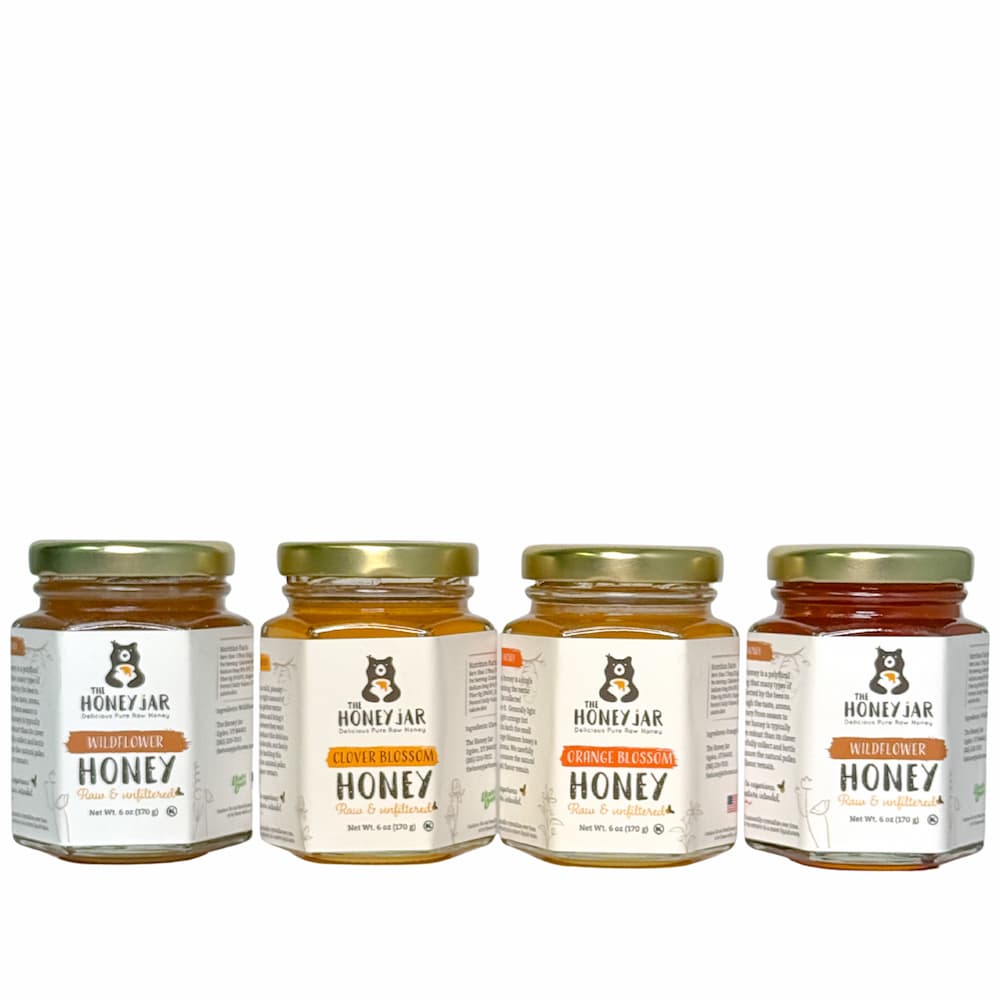6 oz Honey Sample 4 Pack- Clover, Wildflower, Light Wildflower, and Orange Blossom - Raw and Unfiltered